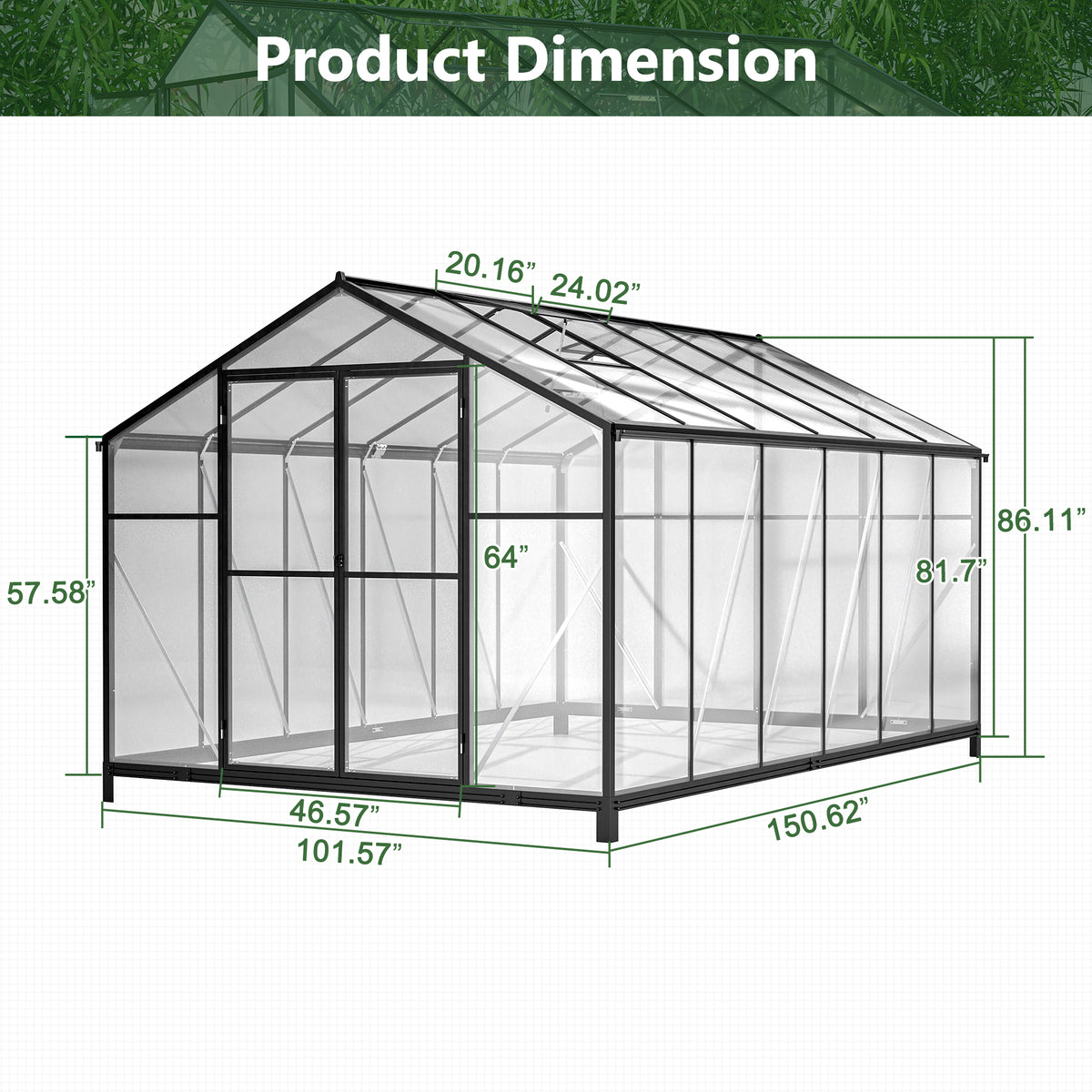 8' X 12' Outdoor Greenhouse, Heavy Duty Polycarbonate Greenhouse, Large Walk In Greenhouse With Double Doors And Two Ventilation Windows, Aluminum Greenhouse For Outdoor Greenhouse Garden Backyard