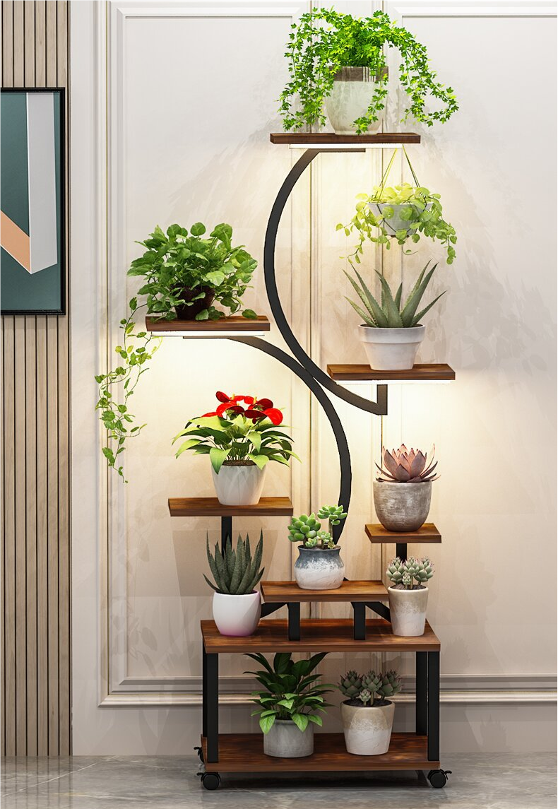 Plant Stand Indoor With Grow Lights, 8 Tiered Indoor Plant Shelf, 61" Tall Plant Stand For Indoor Plants Multiple, Metal Plant Flower Holder Stand, S Shaped Plant Rack For Home, Patio Black Black