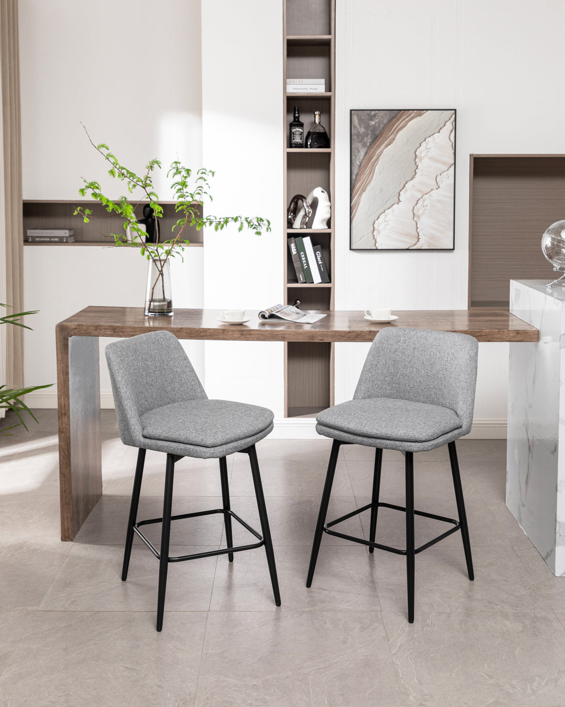 Counter Height Swivel Bar Stools Set Of 2, 360 Swivel Upholstered Barstools With Back And Metal Legs, 25.6" Seat Height,Counter Stools For Kitchen Island And Pub,Linen Cloth,Grey Light Grey Set Of 2 Linen