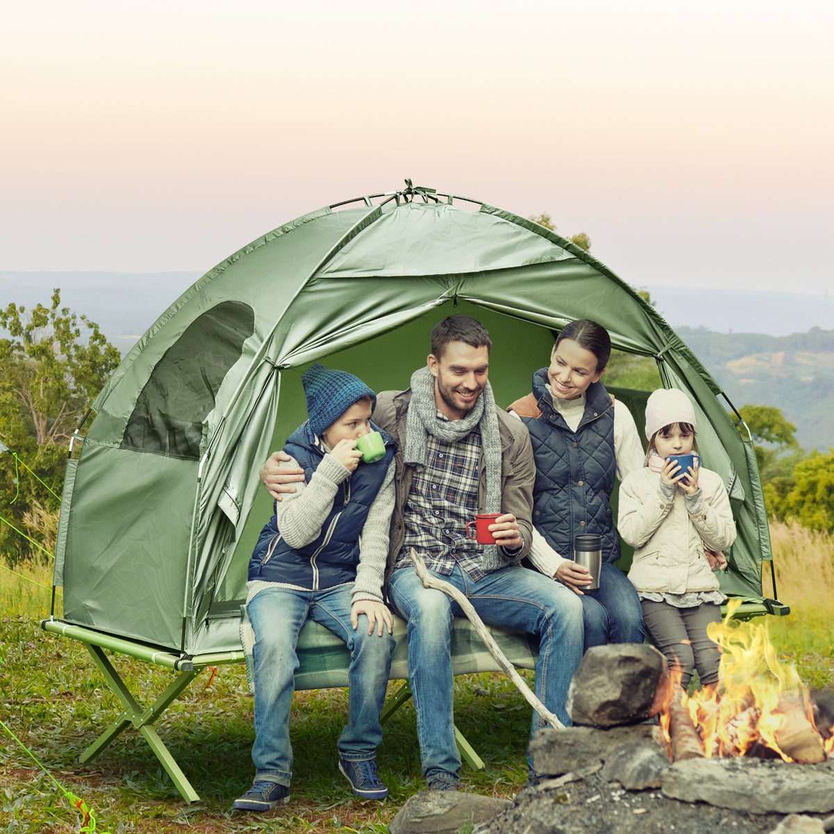Outsunny Camping Tent Cot, Single Person Folding Cot Combo, Off Ground Tent, Covered Outdoor Bed With Carry Bag For Hiking, Camping Green Polyester