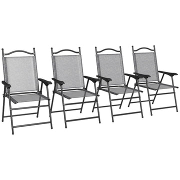 Outsunny Folding Patio Chairs, Set Of 4 Sports Chairs For Adults, Camping Chairs With Armrests,Mesh Fabric Seat For Lawn, Gray Gray Metal