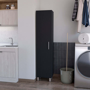Black 1 Door Cabinet With 3 Broom Hangers Freestanding Black Bathroom Melamine