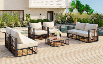 Modern Minimalist 7 Piece Metal Patio Sectional Sofa Set, All Weather Garden Conversational Furniture Set With Thick Cushions And Coffee Table For Indoor Outdoor, Gray Yes Deep Seating White Weather