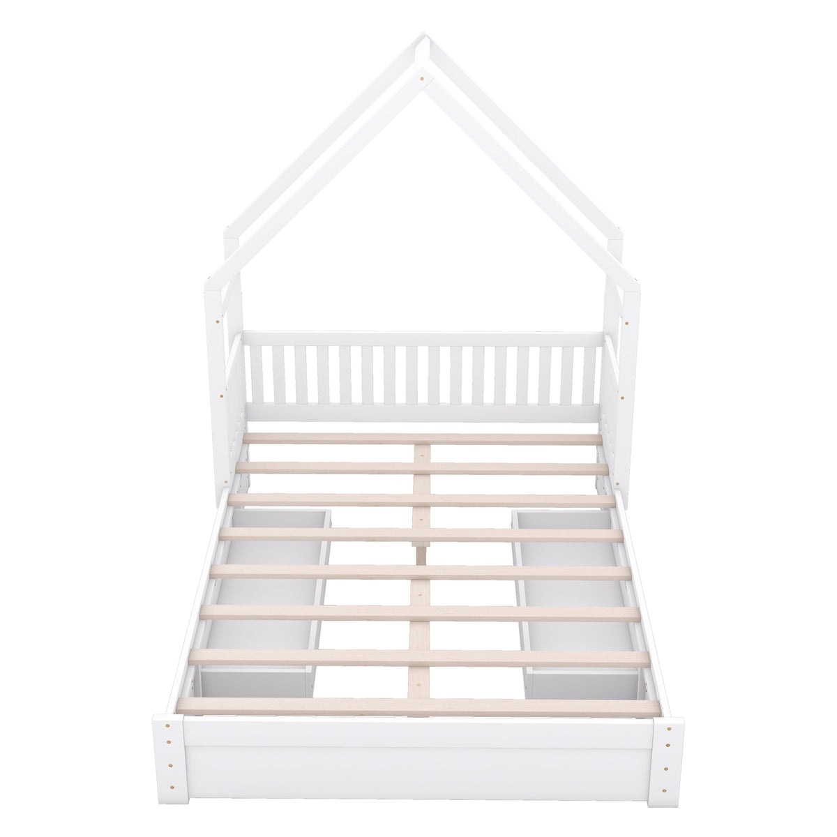 Wood Queen Size House Platform Bed With Guardrail And 2 Drawers, White Box Spring Not Required Queen White Wood Bedroom Bed Frame Solid Wood Mdf