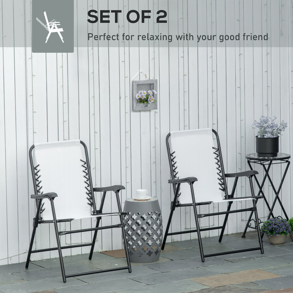 Outsunny Set Of 2 Patio Folding Chairs, Outdoor Bungee Sling Chairs W Armrests, Portable Lawn Chairs For Camping, Garden, Pool, Beach, Backyard, Cream White White Steel