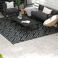 Outsunny Reversible Outdoor Rug, 9' X 12' Waterproof Plastic Straw Floor Mat, Portable Rv Camping Carpet With Carry Bag, Large Floor Mat For Backyard, Deck, Picnic, Beach, Black & Gray Geometric Multicolor Polypropylene