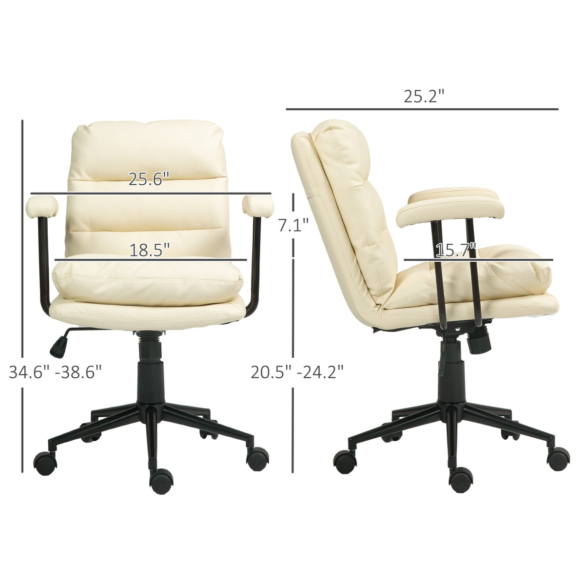 Homcom Pu Leather Office Chair, Office Desk Chair, Task Computer Chair With Swivel Wheels, Adjustable Height, Double Tier Padded, Beige Beige Faux Leather