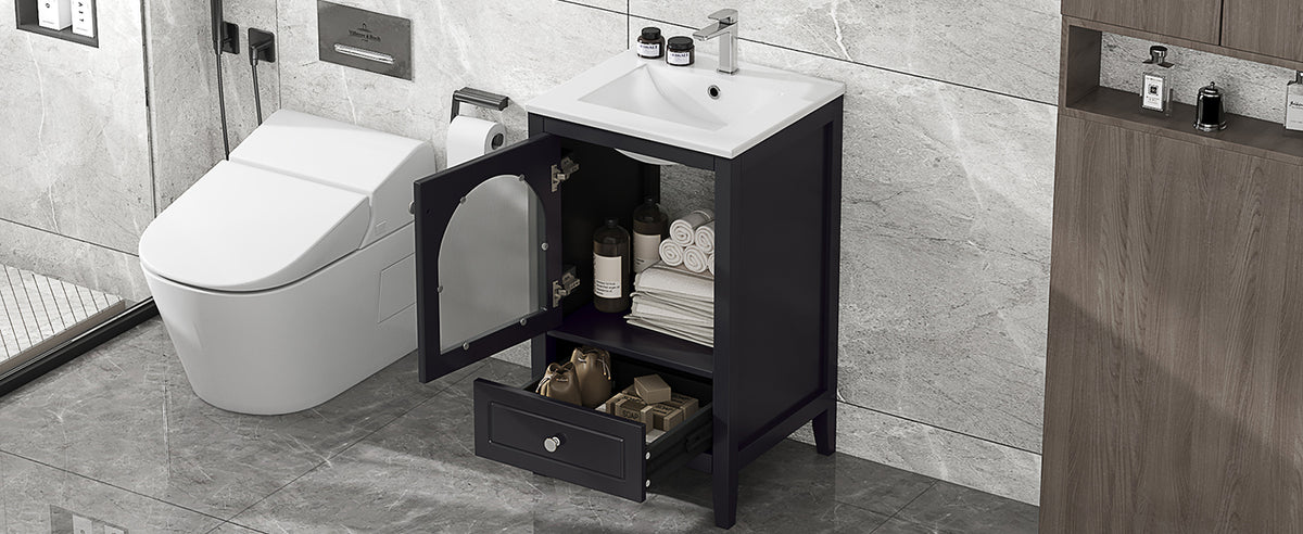 20" Bathroom Vanity With Sink, Bathroom Cabinet With Soft Closing Glass Door, A Drawer, Black Black Mdf