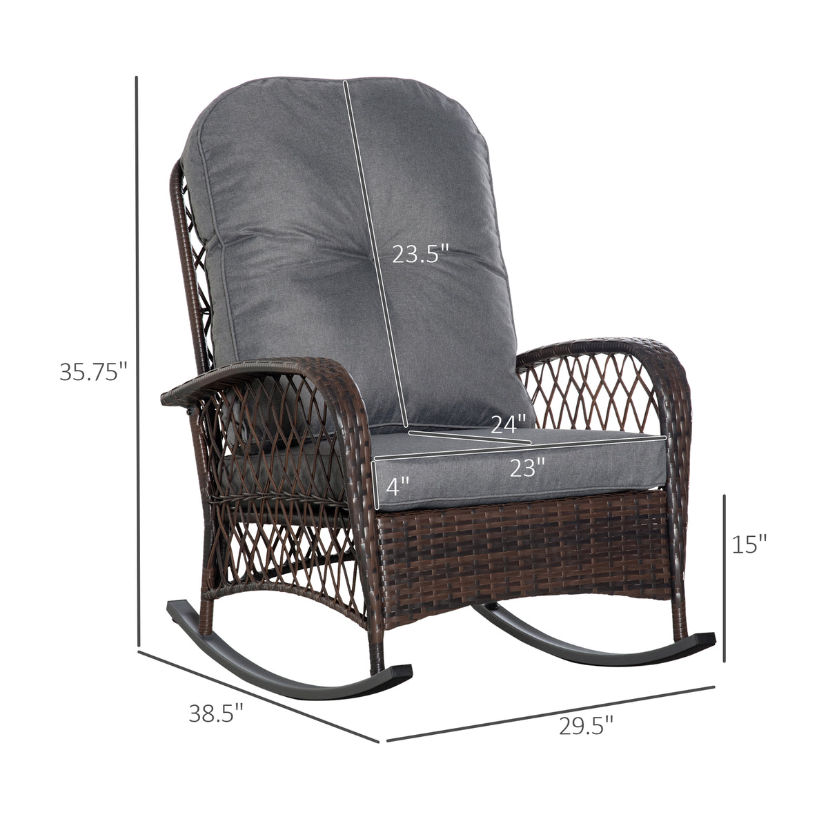 Outsunny Outdoor Wicker Rocking Chair With Wide Seat, Thick, Soft Cushion, Rattan Rocker W Steel Frame, High Weight Capacity For Patio, Garden, Backyard, Grey Gray Steel
