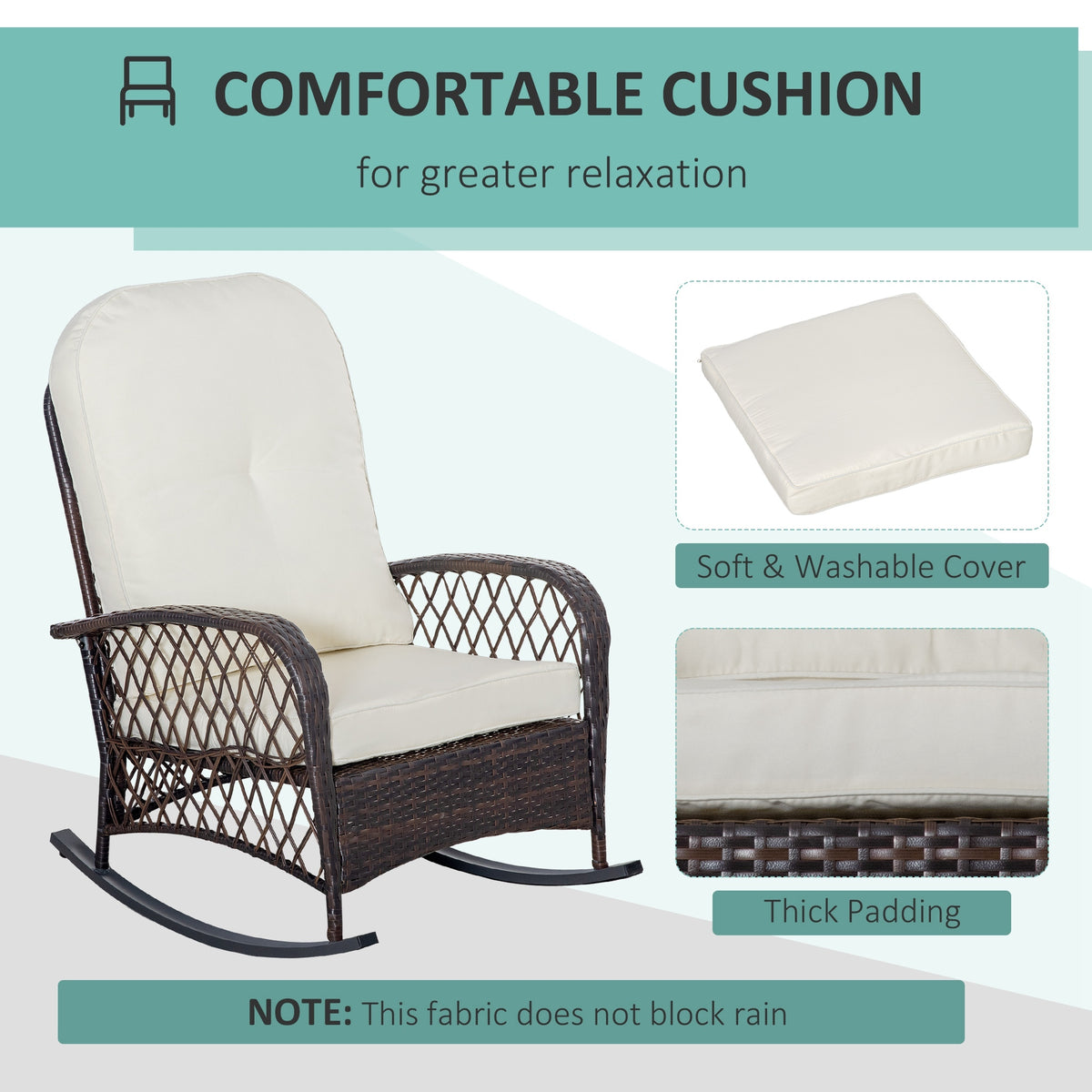 Outsunny Outdoor Wicker Rocking Chair With Wide Seat, Thick, Soft Cushion, Rattan Rocker W Steel Frame, High Weight Capacity For Patio, Garden, Backyard, Cream White Cream White Polyester