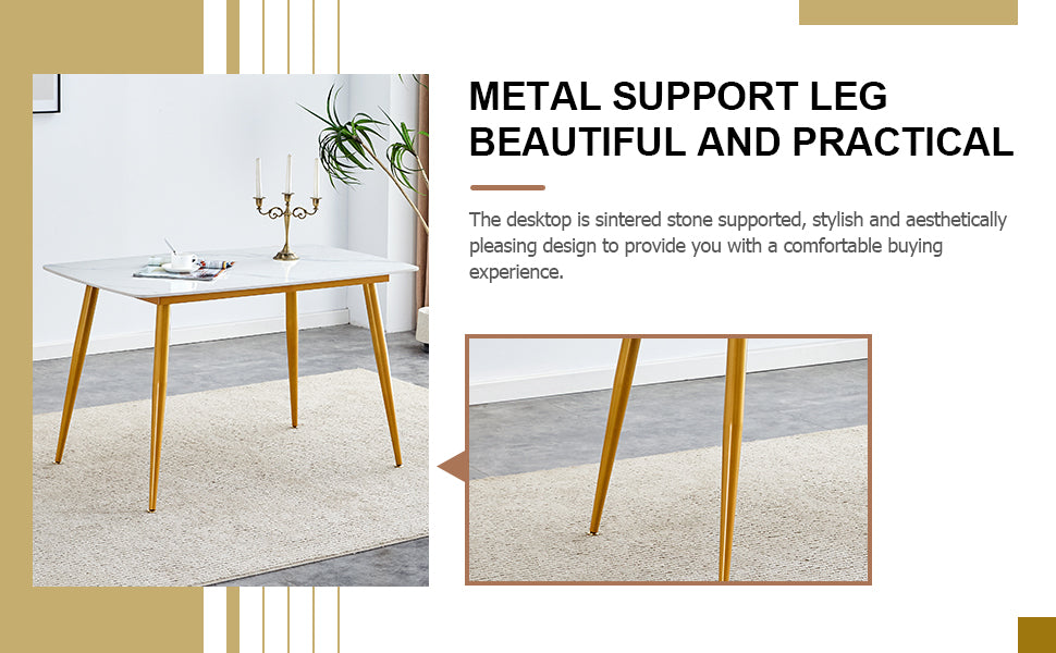 Table And Chair Set.A Morden Table With White Imitation Marble Patterned Stone Burning Tabletop With Golden Metal Legs.Paried With 4 Chairs With Pu Leather Backrest And Black Metal Legs. Grey Brown,White Gold Seats 4 Metal,Sintered Stone