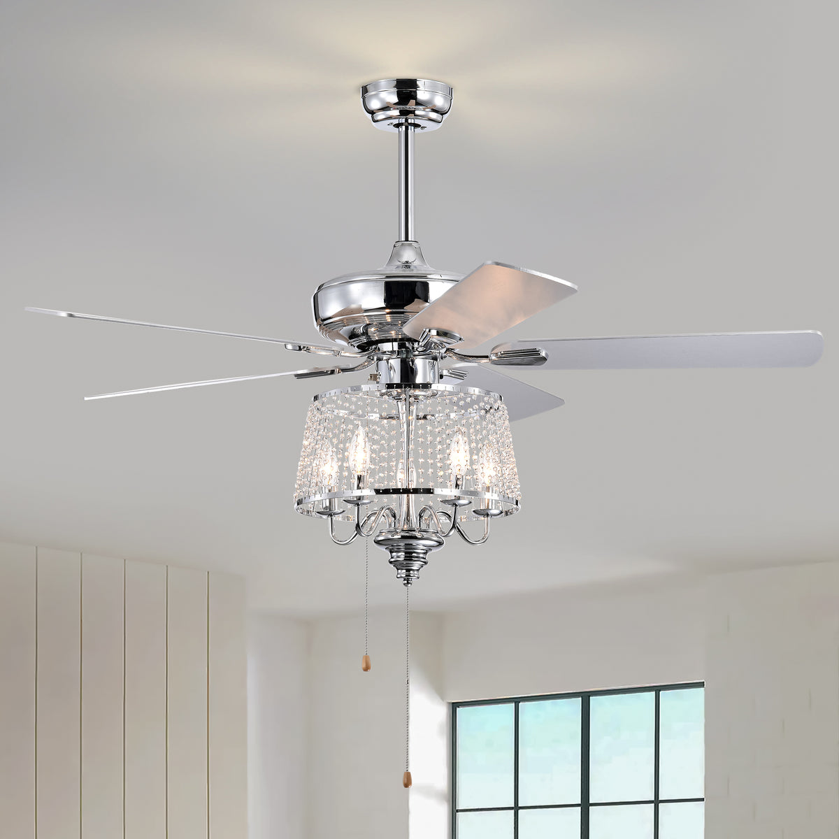 52 Inch Crystal Ceiling Fanmodern Electrical Fan With 5 Wood Reversible Blades, 4 Bulbs Not Included,Noiseless Reversible Ac Motor For Bedroom Living Room Study Patio Home Decoration Chrome Chrome Contemporary,Modern Crystal Metal