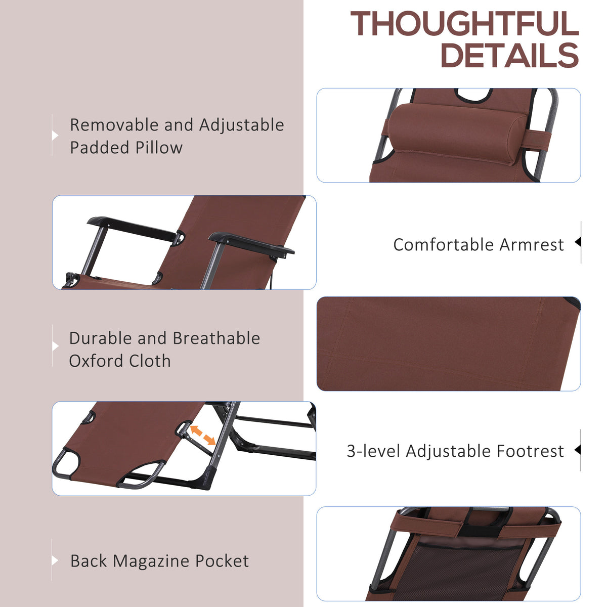 Outsunny Folding Chaise Lounge Chair For Outside, 2 In 1 Tanning Chair With Pillow & Pocket, Adjustable Pool Chair For Beach, Patio, Lawn, Deck, Brown Brown Metal