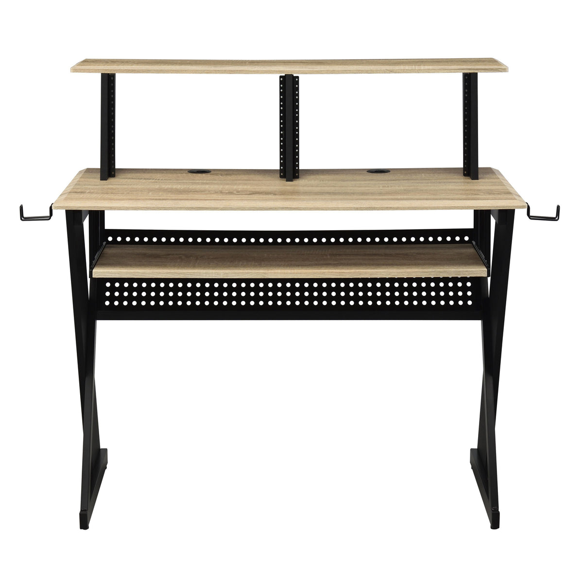 Natural And Black Music Desk With Cord Managements Natural Black Computer Desk Office Rectangular Shelves Desk Wood Metal Sled