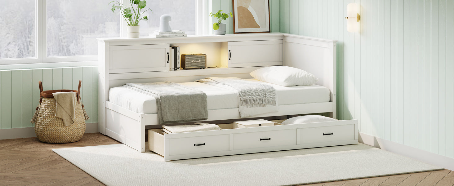 L Shaped Bed Frame With Drawer And And Bookcase,Corner Bed Wooden Captain Bed With Led Downlight And Usb Port For Small Room,Bedroom, Guest Room, Twin Size, White Box Spring Not Required Twin White Wood Bedroom Mid Century Modern,Modern Pine Bed Frame
