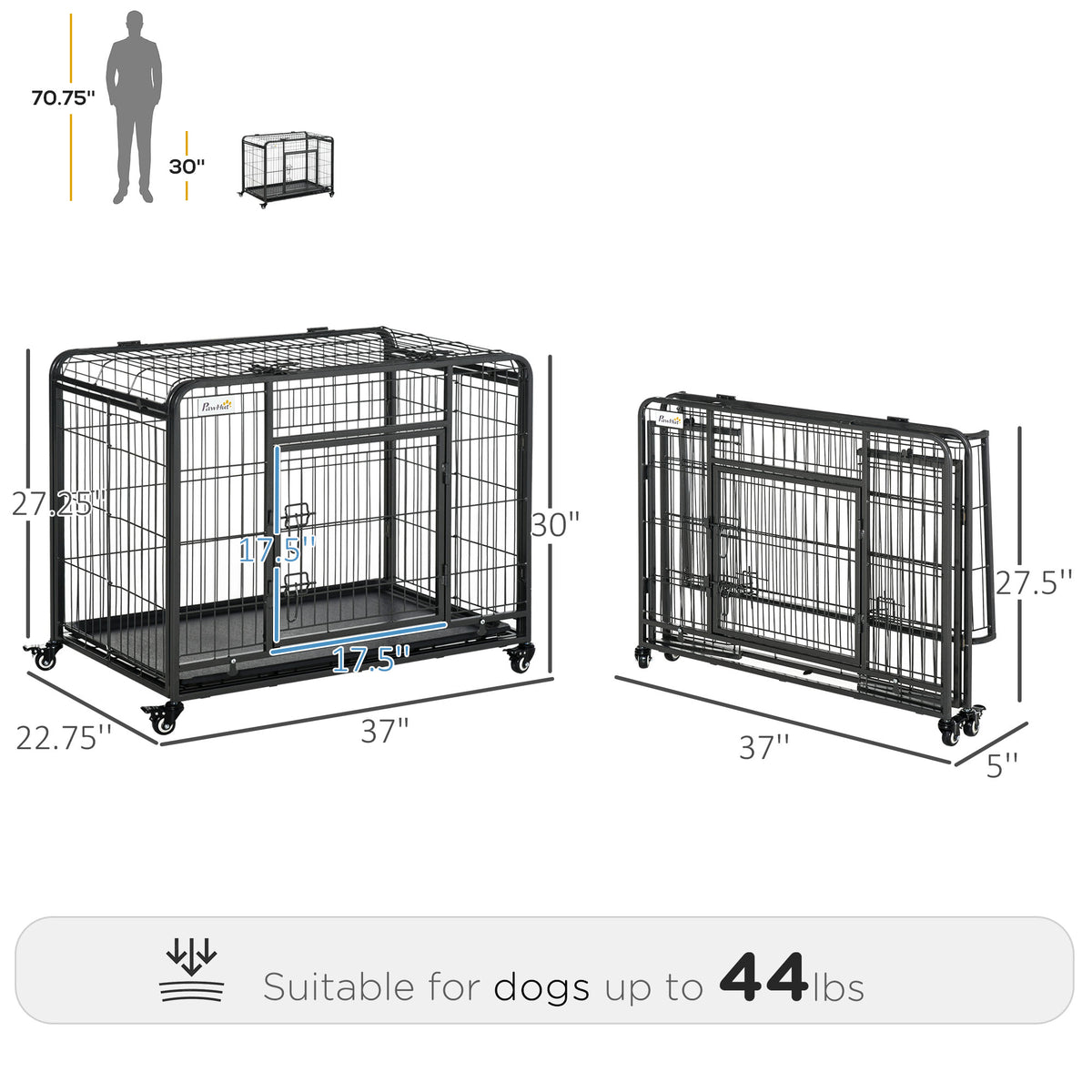 Pawhut Folding Design Heavy Duty Metal Dog Cage Crate & Kennel With Removable Tray And Cover, & 4 Locking Wheels, Indoor Outdoor 37" Dark Grey Metal