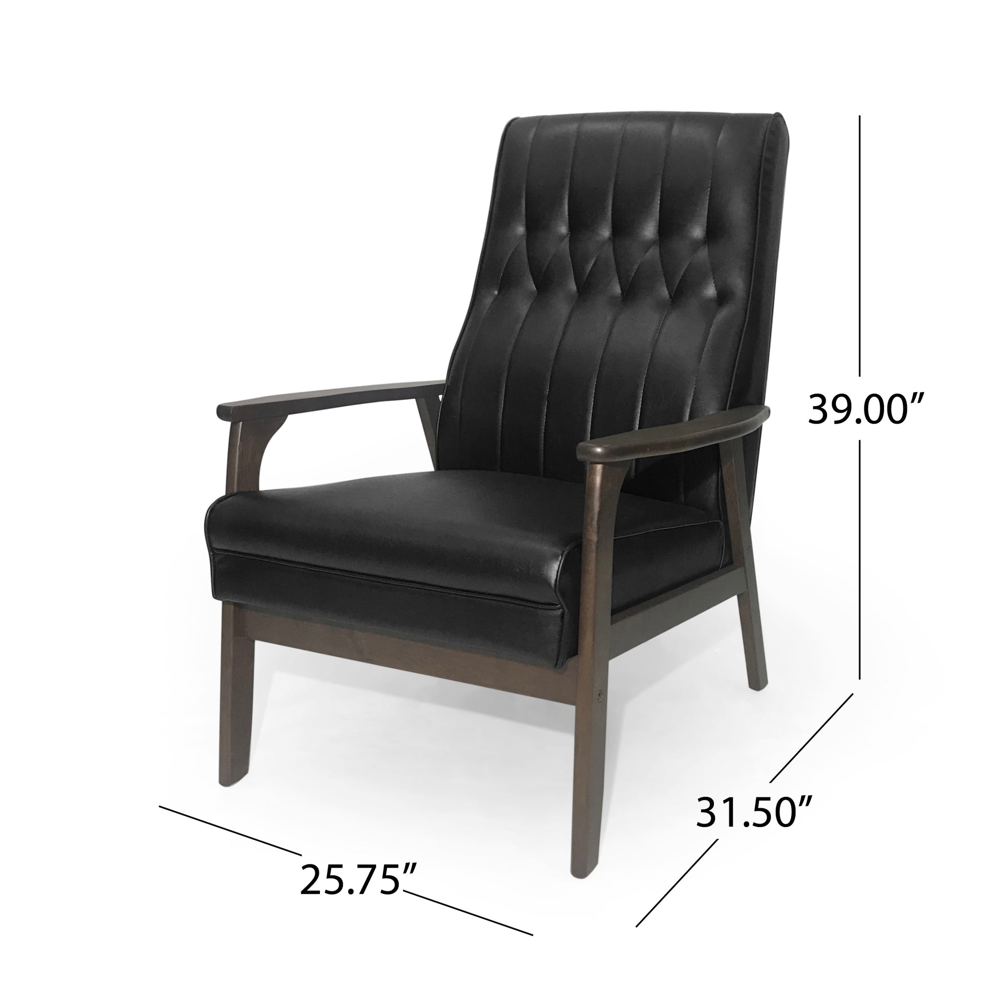 Mid Century Modern Upholstered Accent Chair, Matte Black Faux Leather Matte Black Espresso Primary Living Space Rubberwood Foam Faux Leather
