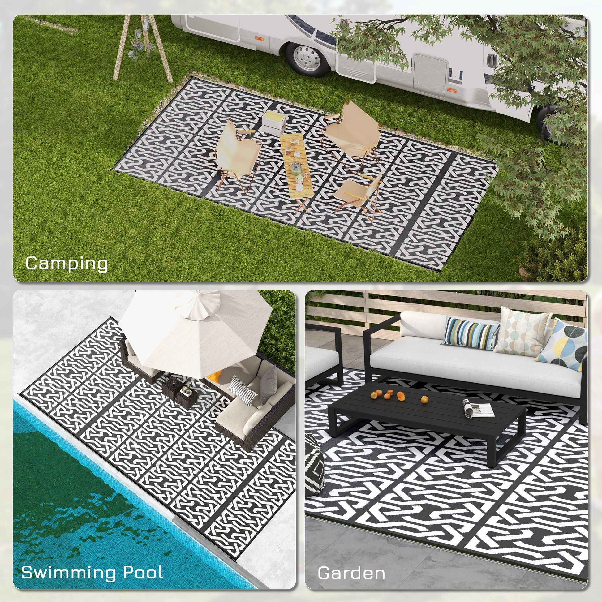 Outsunny Reversible Outdoor Rug, 9' X 18' Waterproof Plastic Straw Floor Mat, Portable Rv Camping Carpet With Carry Bag, Large Floor Mat For Backyard, Deck, Picnic, Beach, Black & White Chain Multicolor Polypropylene
