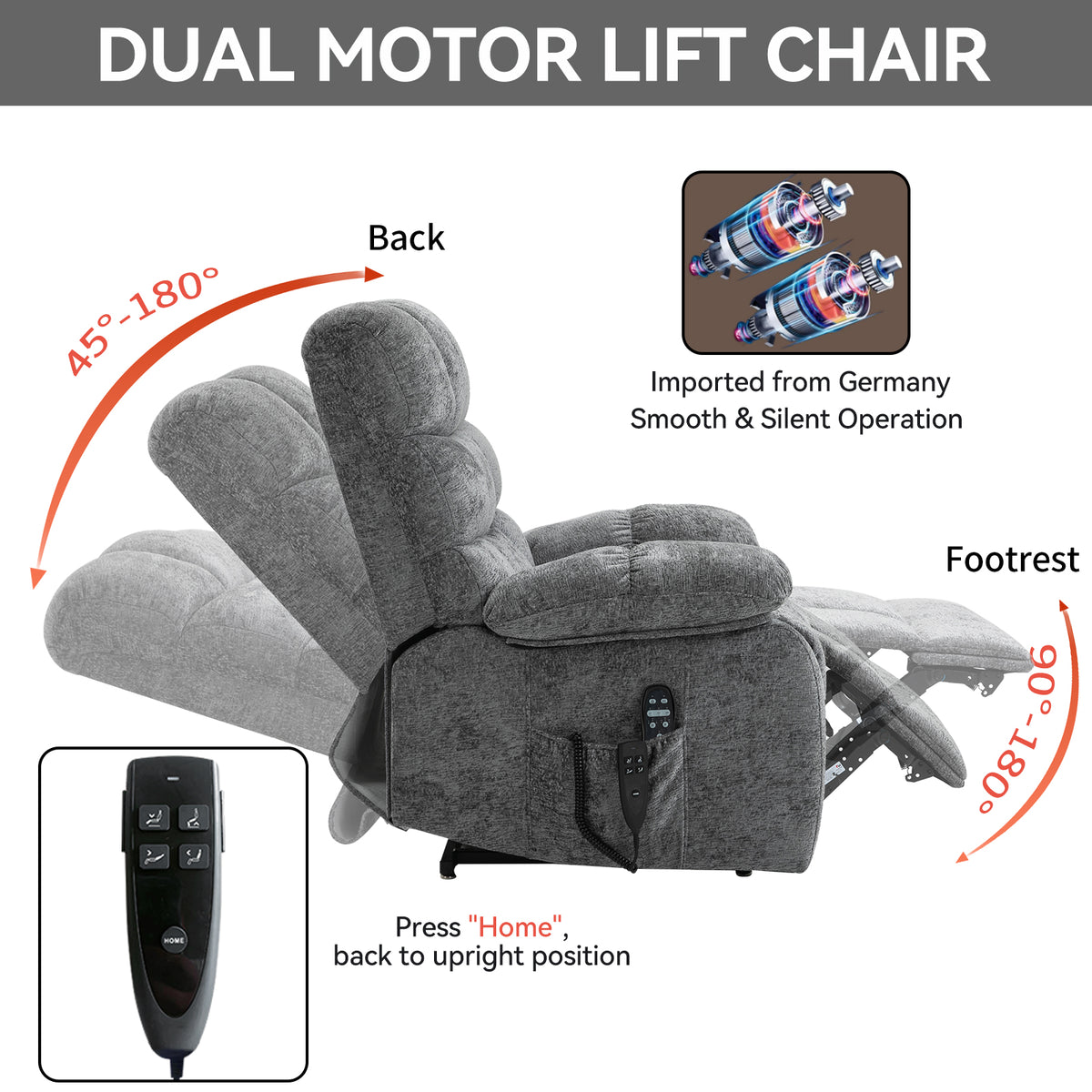 Lift Recliner Chair Heat Massage Dual Motor Infinite Position Up To 350 Lbs Large Electric Power Lift Recliners With Power Remote, Medium Firm And Heavy Duty, Grey White Metal Primary Living Space