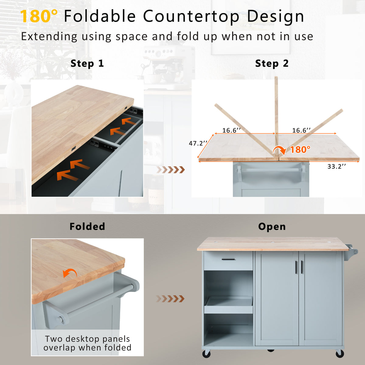 K&K Kitchen Island With Foldable Counter Top, Kitchen Storage Cart With Slide Out Shelf, Towel Rack And Drawer, Rolling Kitchen Cart On Wheels, For Kitchen, Living Room, Dining Room, Grey Blue Grey Blue Brown Kitchen Classic,Farmhouse,Luxury,Modern