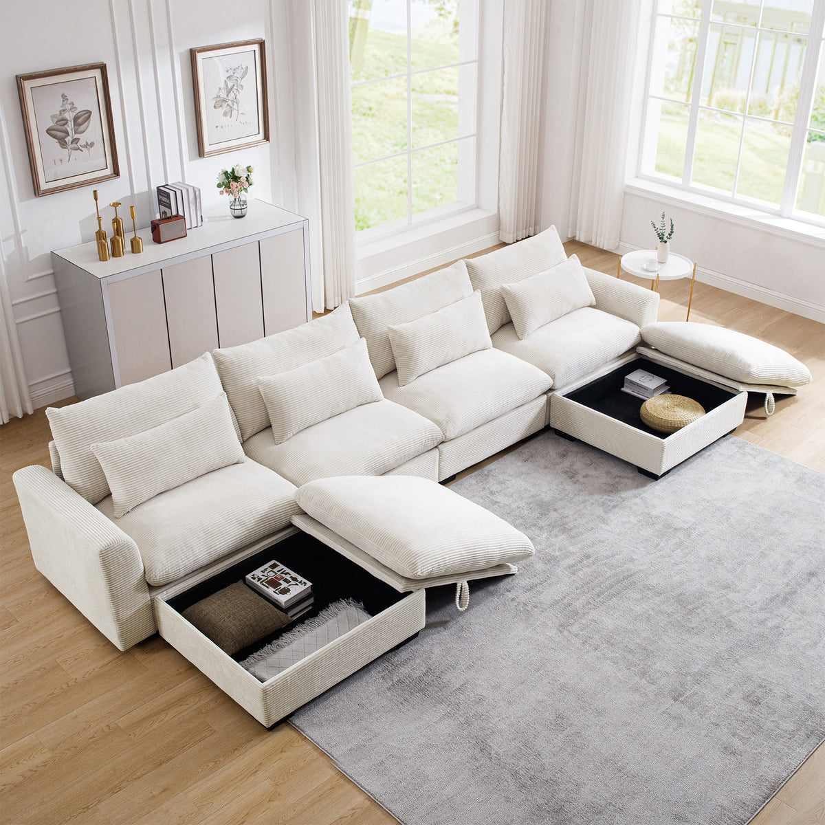 Big Deep Seat U Shaped Corduroy Sectional Couches For Living Room, 4 Seater Sofa Couch With 2 Storage Footstool And 4 Waist Pillows Corduroy, Beige Beige Corduroy 4 Seat