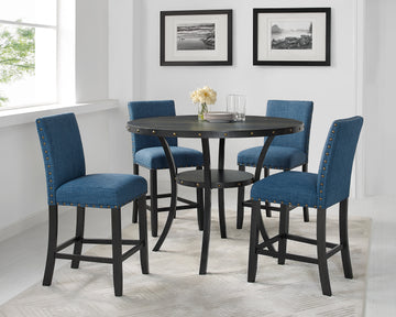 Biony Espresso Wood Counter Height Dining Set With Blue Fabric Stools Wood Black Seats 4 Metal Fixed Table Round Dining Table With Chair Wood