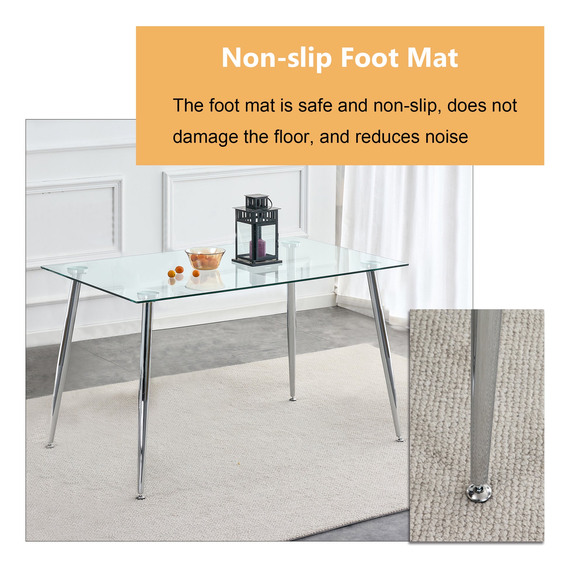 Table And Chair Set.Rectangular Dining Table With Tempered Glass Tabletop And Silver Plating Metal Legs.Paired With 6 Checkered Armless High Back White Chairs With Electroplated Metal Legs. White Seats 6 Glass Metal