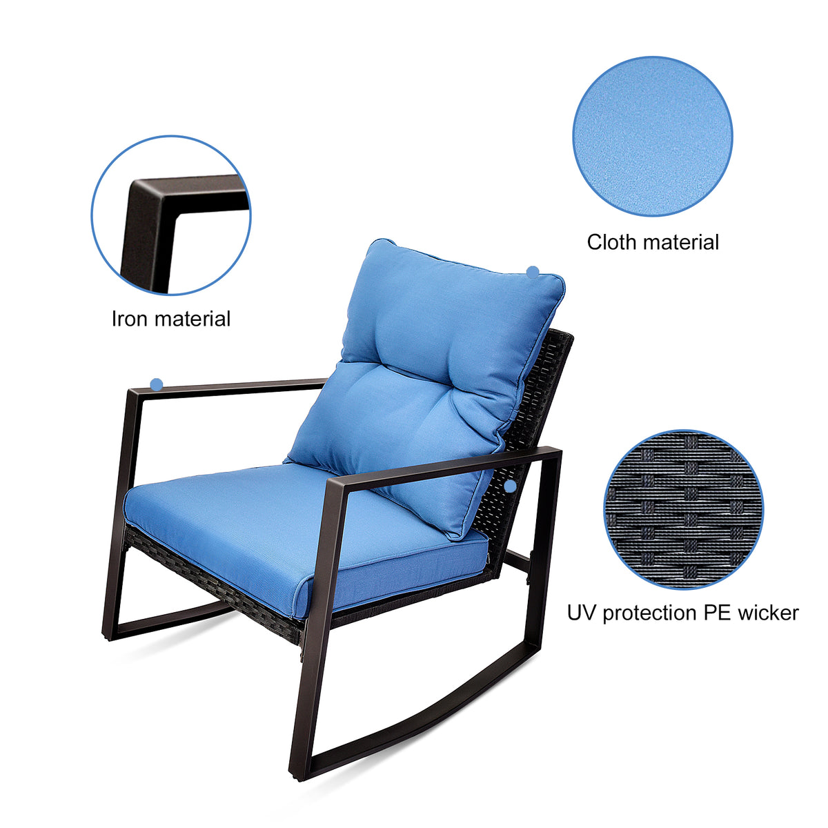3 Pieces Patio Bistro Set Outdoor Rocking Chair W Blue Cushion For Yard Garden Poolside Yes Dining Set Blue Seats 2 Weather Resistant Frame Water Resistant Cushion Garden & Outdoor Modern 2 Person Seating Group Iron
