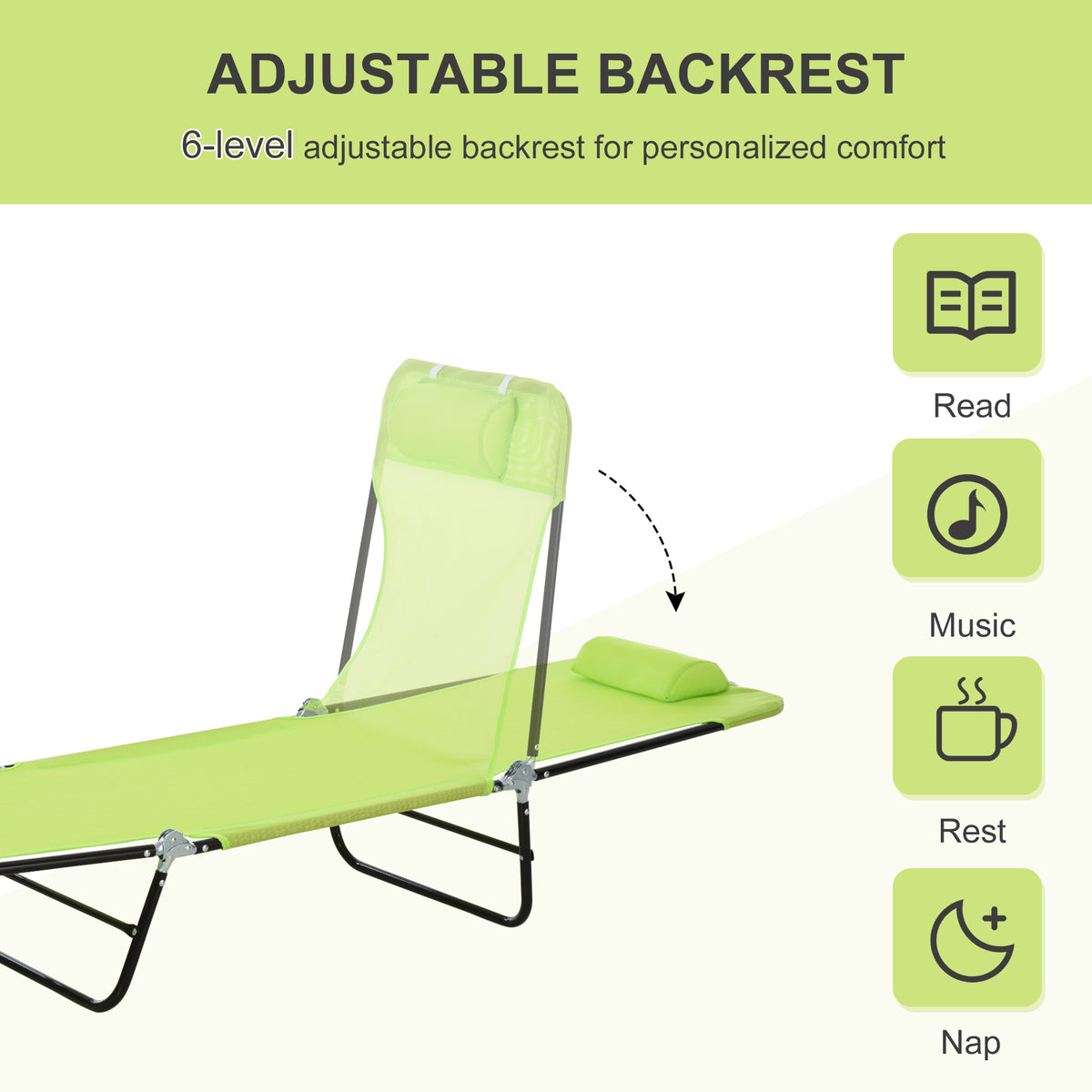 Outsunny Folding Chaise Lounge Chair, Pool Sun Tanning Chair, Outdoor Lounge Chair With Reclining Back,Mesh Seat, Headrest For Beach, Yard, Patio, Green Green Steel