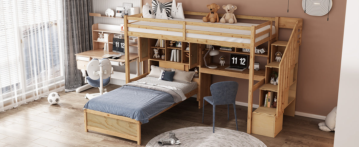 Twin Over Twin Loft Bed With Built In Desk And Staircase, With Storage Compartments And Shelves, Natural Twin Box Spring Not Required Natural Wood Pine