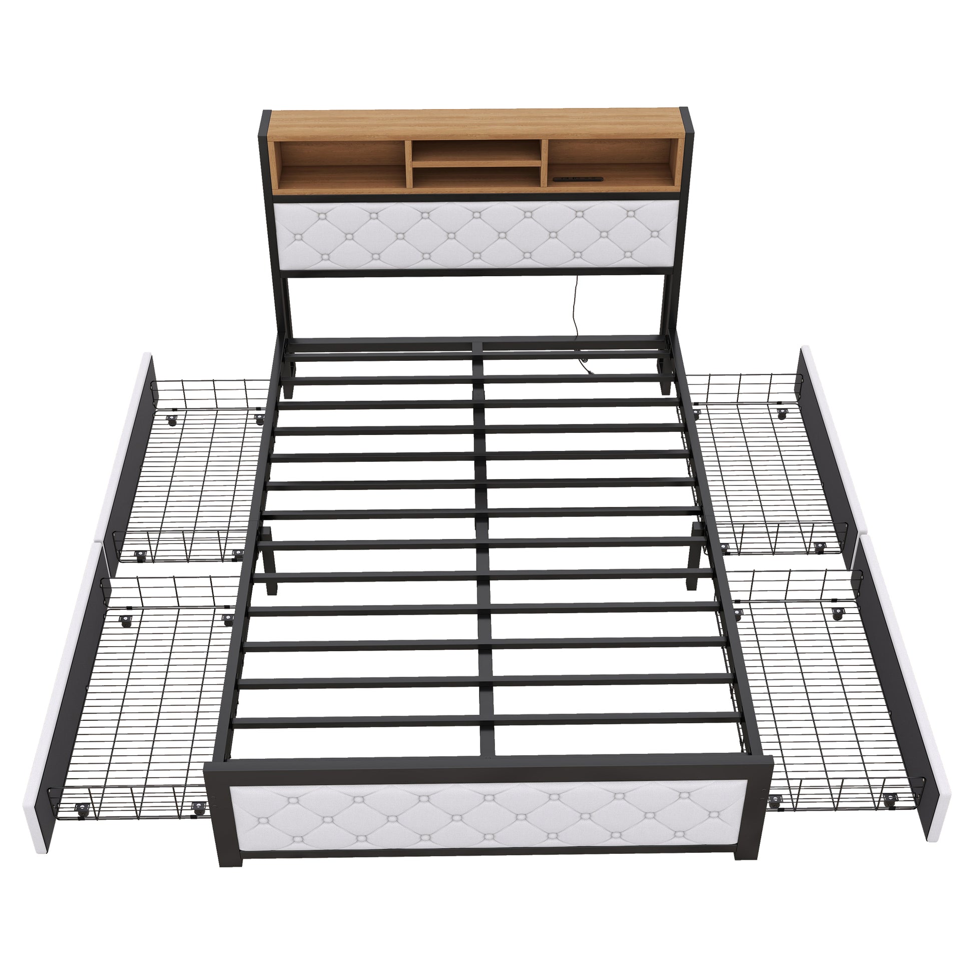 Metal Full Size Platform Bed With 4 Drawers, Upholstered Headboard And Footboard, Sockets And Usb Ports, White Full White Black Fabric Metal