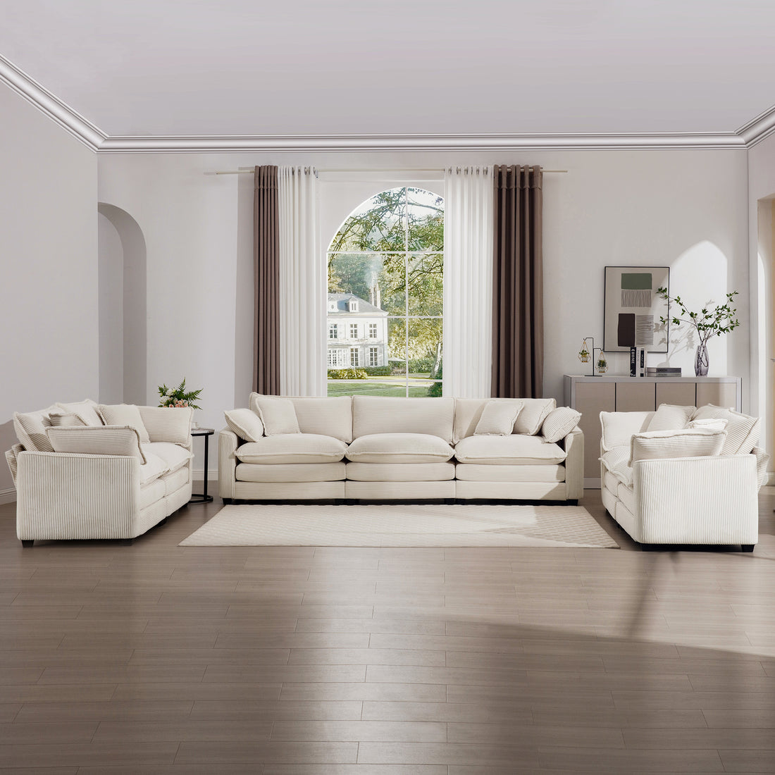 Modern Fabric Living Room Sofa 2 Piece Set, Two 2 Seater Sofa And One 3 Seater Sofa, Upholstery Large Deep Seat Set Of 3 Sofas With Comfortable Cushions And Pillows, Light Beige Corduroy Fabric Beige Corduroy 7 Seat