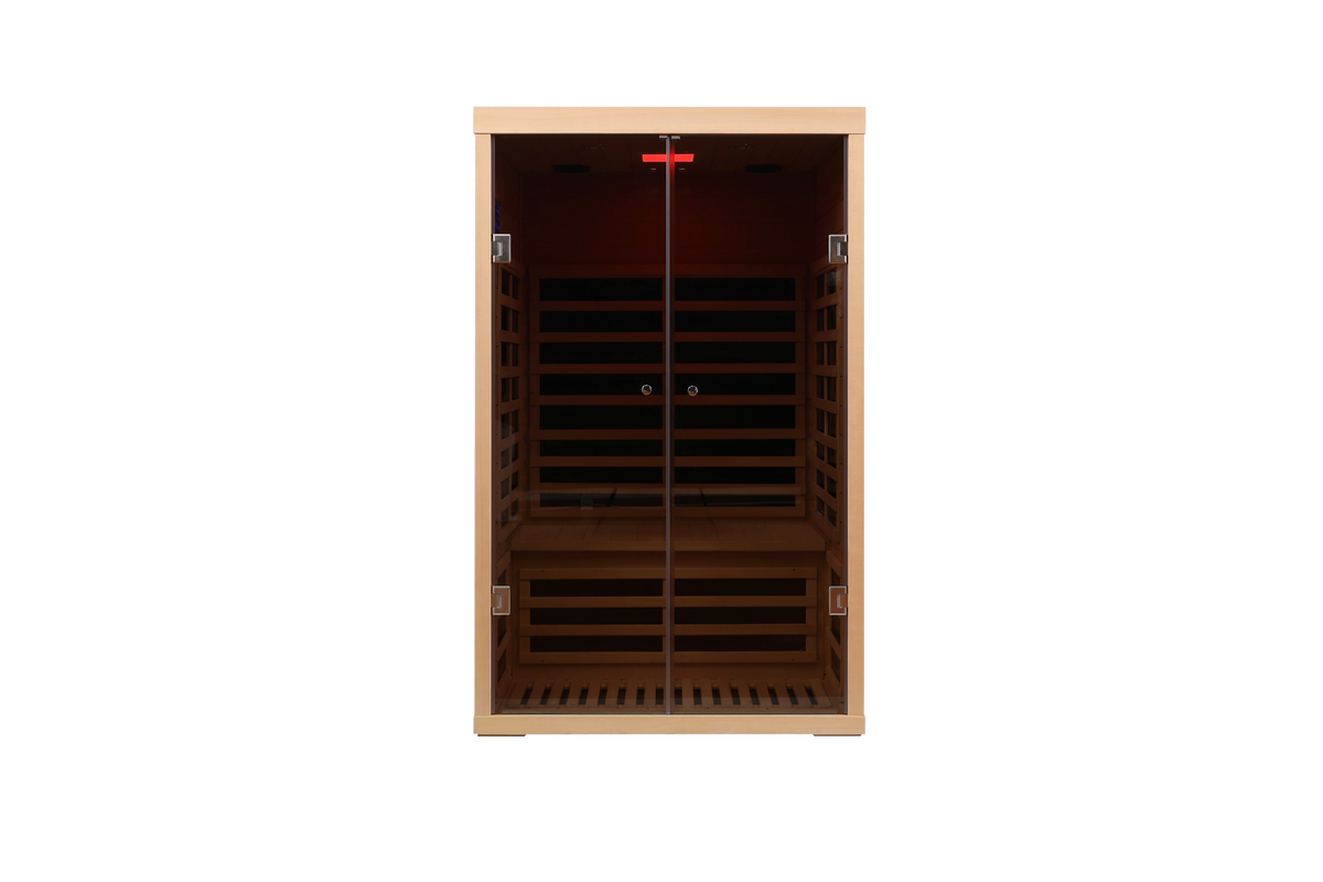 Two Person Wide Space Hemlock Double Doors Great Glass Luxury Indoor Natural Metal & Wood