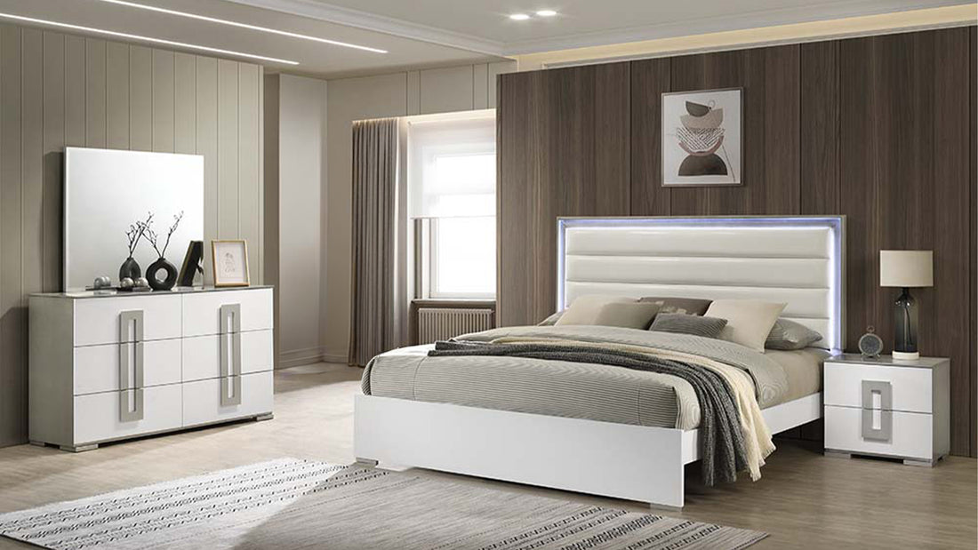 Olivia Contemporary Style 4 Pc Full Bedroom Set With Led Headboard Made With Wood In White Box Spring Required Full White Wood 4 Piece Set Bedroom Bed Included,Dresser Included,Mirror