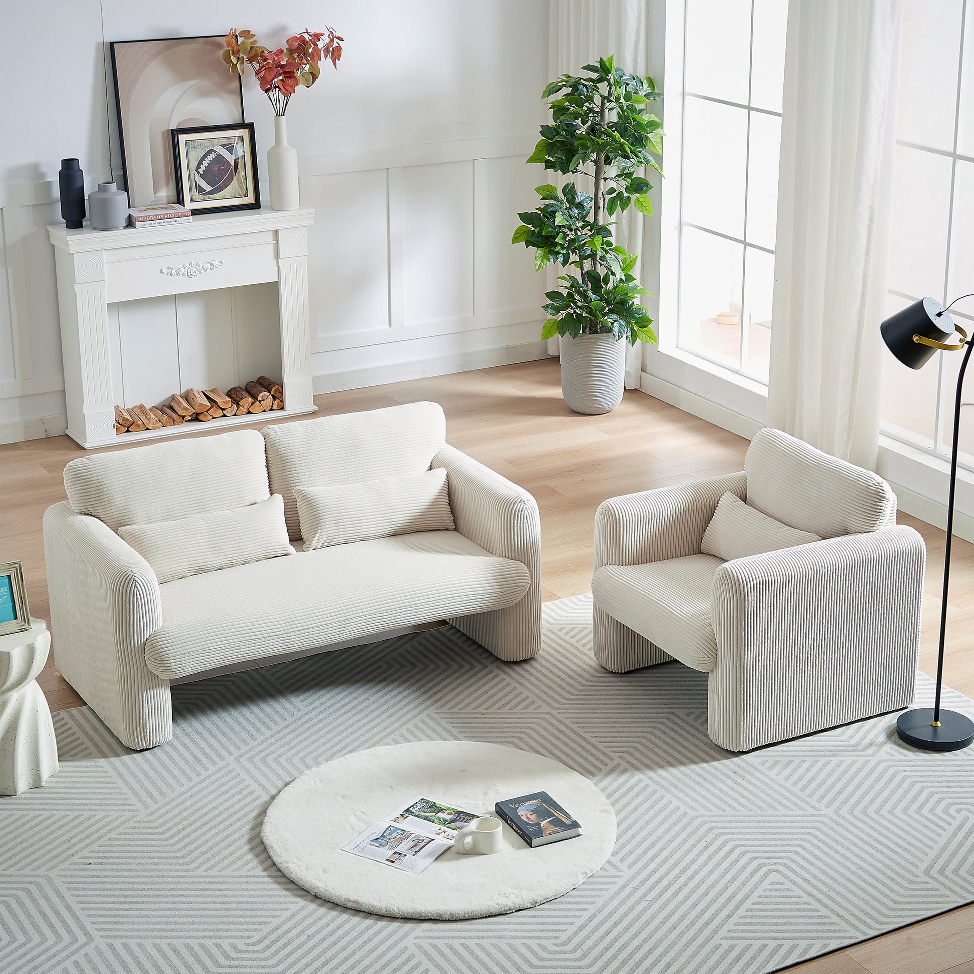 60"Corduroy Fabric Sofa With 33" Single Sofa, Modern Sofa With Support Pillow, For Apartment, Office, Living Room & Bedroom Beige Corduroy 2 Seat