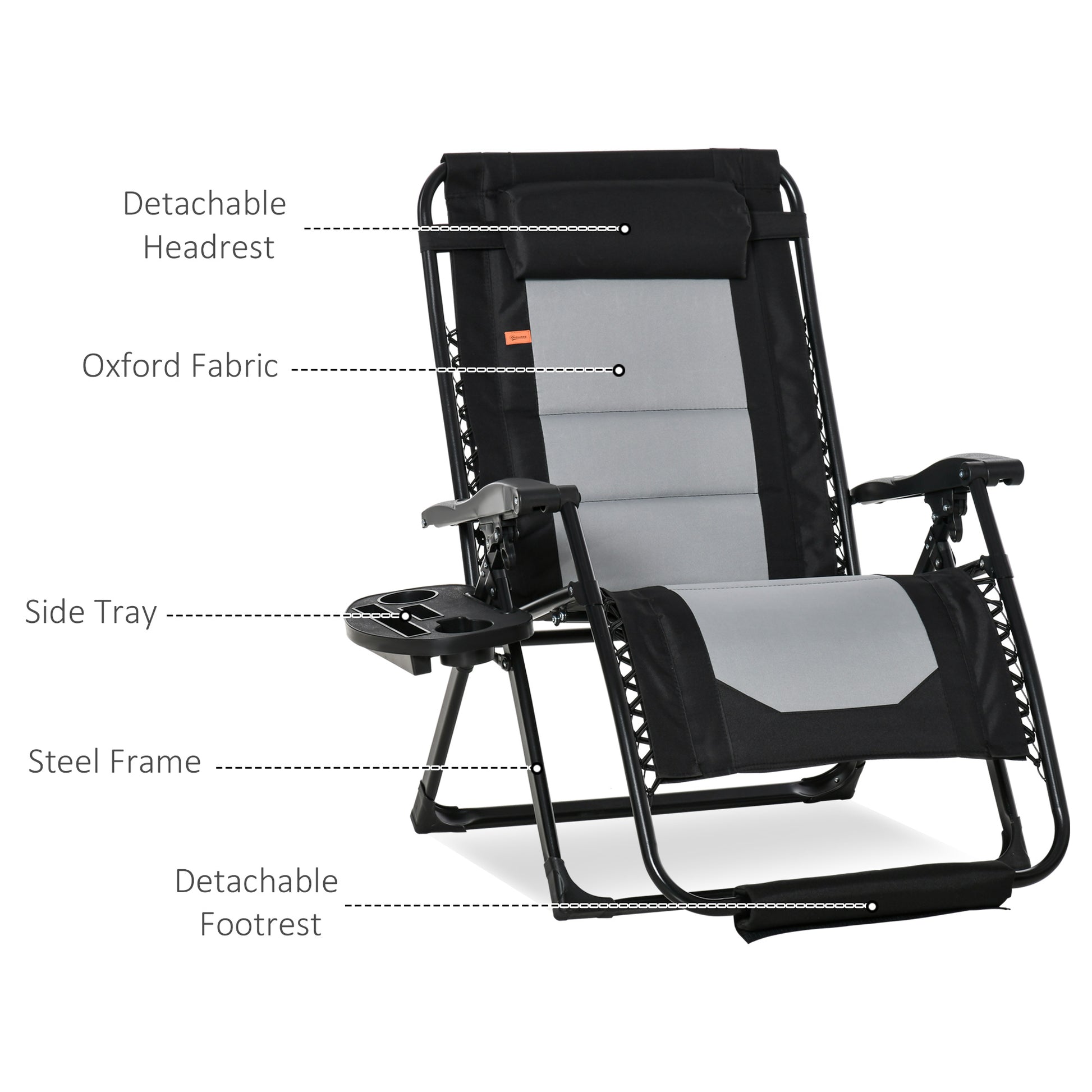 Outsunny Foldable Outdoor Lounge Chair With Footrest, Oversized Padded Zero Gravity Lounge Chair With Headrest, Side Tray, Cup Holders, Armrests For Camping, Lawn, Garden, Black Black Steel