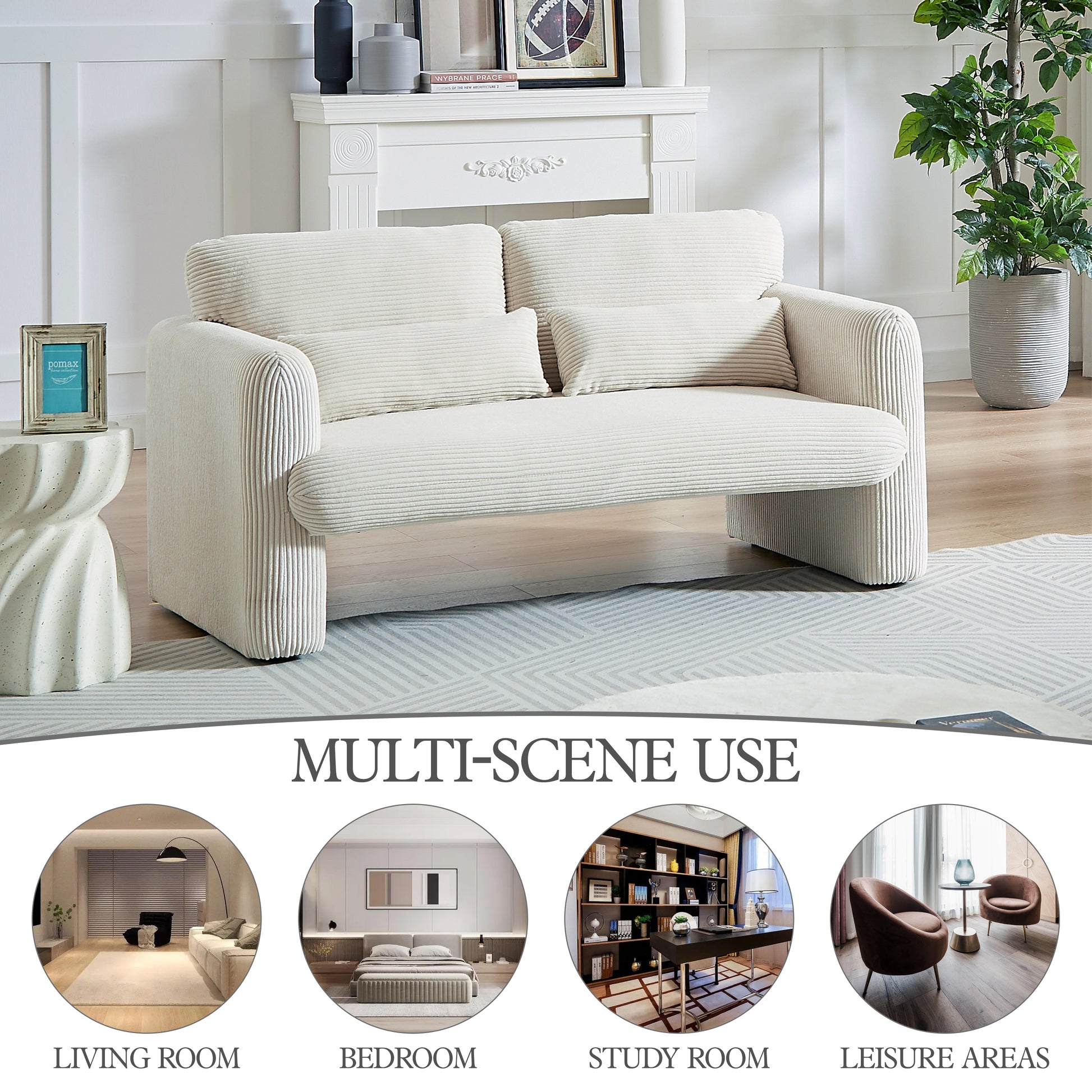 60"Corduroy Fabric Sofa With 33" Single Sofa, Modern Sofa With Support Pillow, For Apartment, Office, Living Room & Bedroom Beige Corduroy 2 Seat