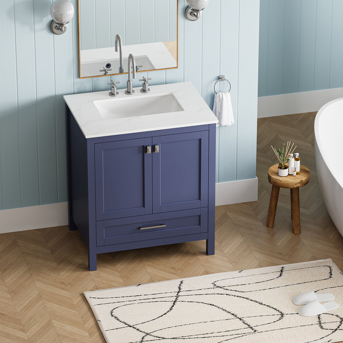 30 Inch Freestanding Bathroom Vanity With Sink, Carrara Engineered Marble Vanity Top With Undermounted Rectangular Ceramic Sink, Large Storage Soft Close Door, Navy Blue 24V03 30Nb Navy Blue Wood