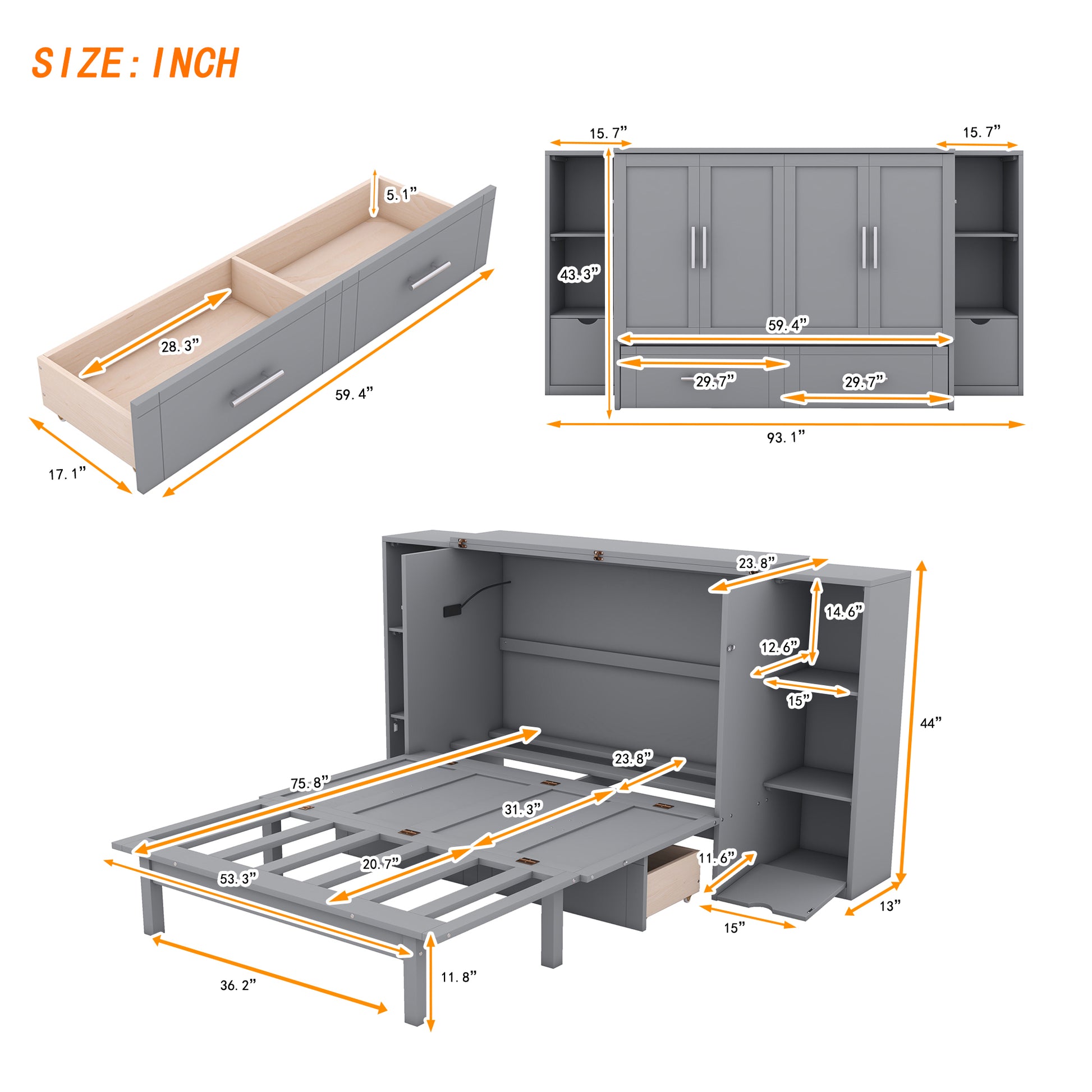 Full Size Murphy Bed With Shelves, Drawers And Usb Ports,Gray Gray Mdf Lvl