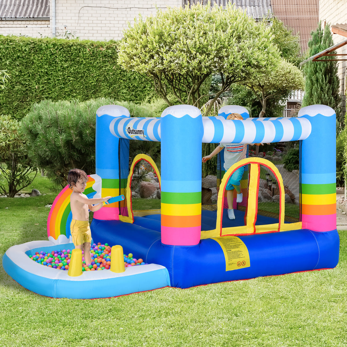 Outsunny Inflatable Bounce House For Kids 2 In 1 Jumping Castle For Indoor Outdoor Party With Trampoline, Pool, Carry Bag & Air Blower Multi Oxford Fabric