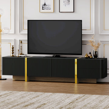 Luxury Fluted Tv Stand For Tvs Up To 80'', Modern Entertainment Center With Storage Cabinets & Drawers, Smooth Media Console With Golden Wood Grain Legs For Living Room, Black Black Primary Living Space 80 89 Inches Particle Board Mdf
