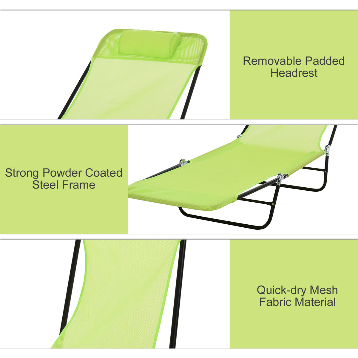 Outsunny Folding Chaise Lounge Chair, Pool Sun Tanning Chair, Outdoor Lounge Chair With Reclining Back,Mesh Seat, Headrest For Beach, Yard, Patio, Green Green Steel