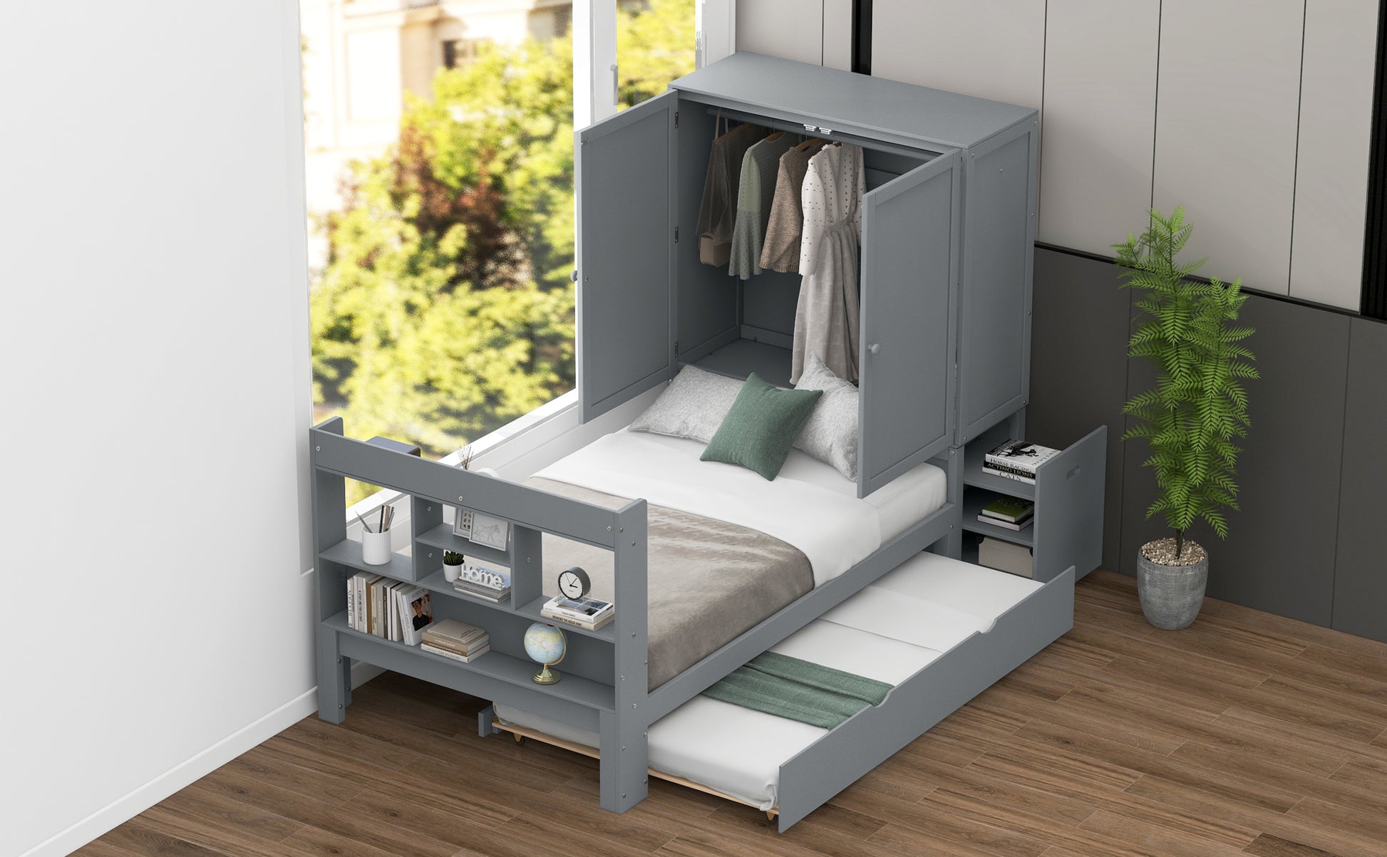 Twin Size Platform Bed With Storage Headboard And Footboard, Pull Out Shelves And Twin Size Trundle, Gray Box Spring Not Required Twin Gray Wood Bedroom Bed Frame Solid Wood Mdf