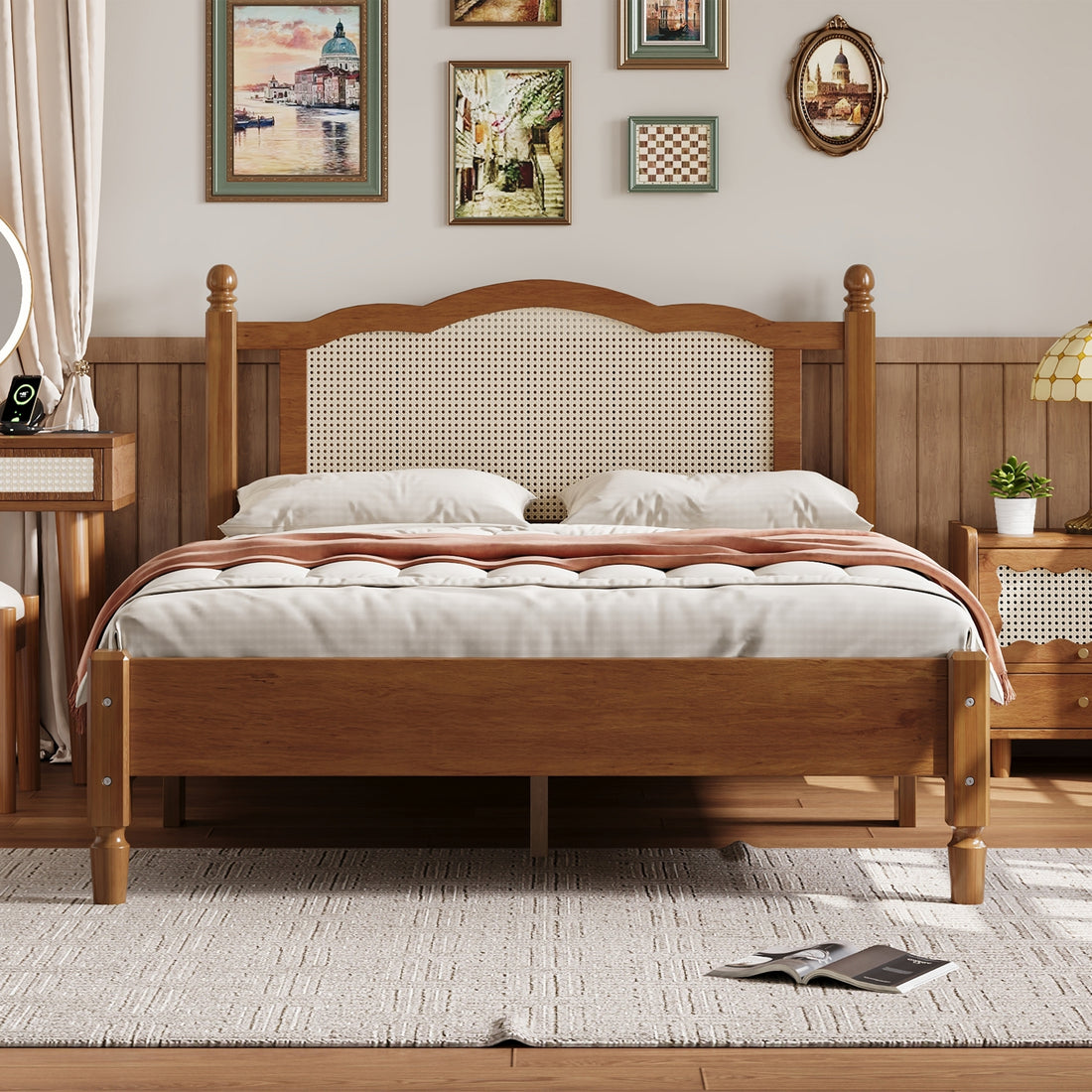 Full Size Wooden Platform Bed With Natural Rattan Headboard, Vintage Bed Frame With Wooden Slat Support, Walnut Box Spring Not Required Full Walnut Wood