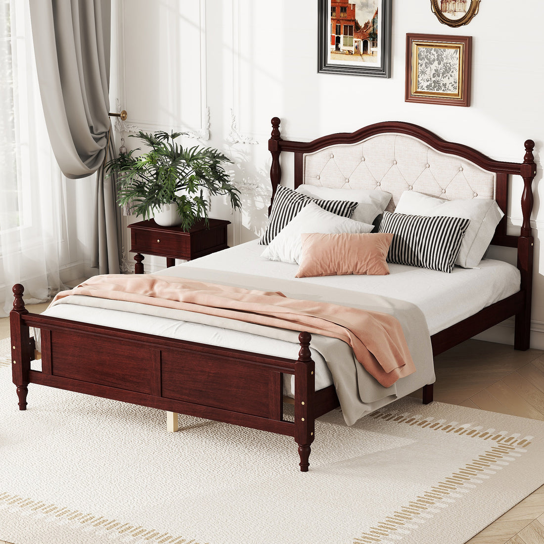 Queen Pine Wooden Bed With Upholstered Headboard And Panel Footboard, With Two Bed Rail Support Feet And Central Platform Support Feet ,Classic Cherry Queen Cherry Pine