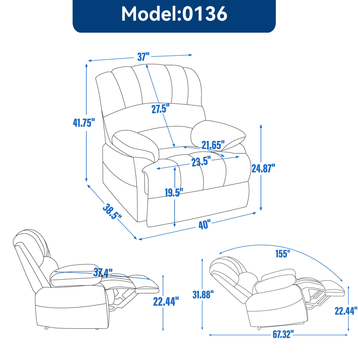 Large Manual Recliner Chair In Fabric For Living Room, Grey Grey Polyester Manual Handle Metal Primary Living Space Medium Firm Cushion Back Heavy Duty American Design Pine Pillow Top Arms Fiber Foam And Polyester Fiber Pad Fabric