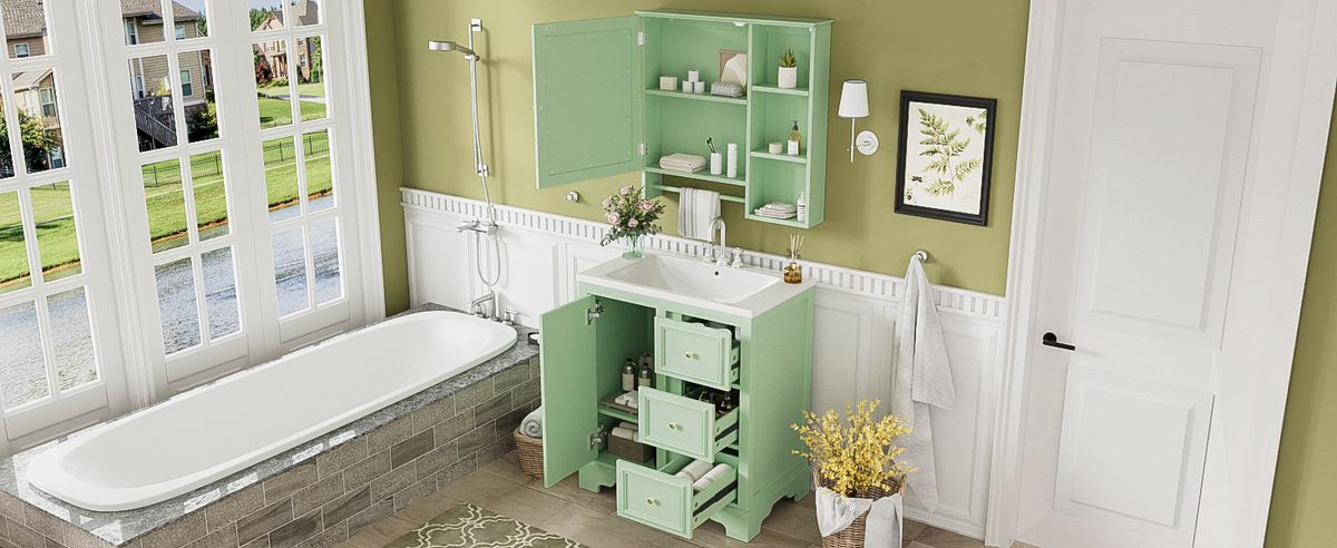 30 Inch Bathroom Vanity With Sink, Modern Elegant Bathroom Storage Cabinet With 3 Drawers And Adjustable Shelves, Freestanding Vanity Set With Mirror Cabinet, Single Sink Bathroom Vanity Green Bathroom Solid Wood Mdf Glass