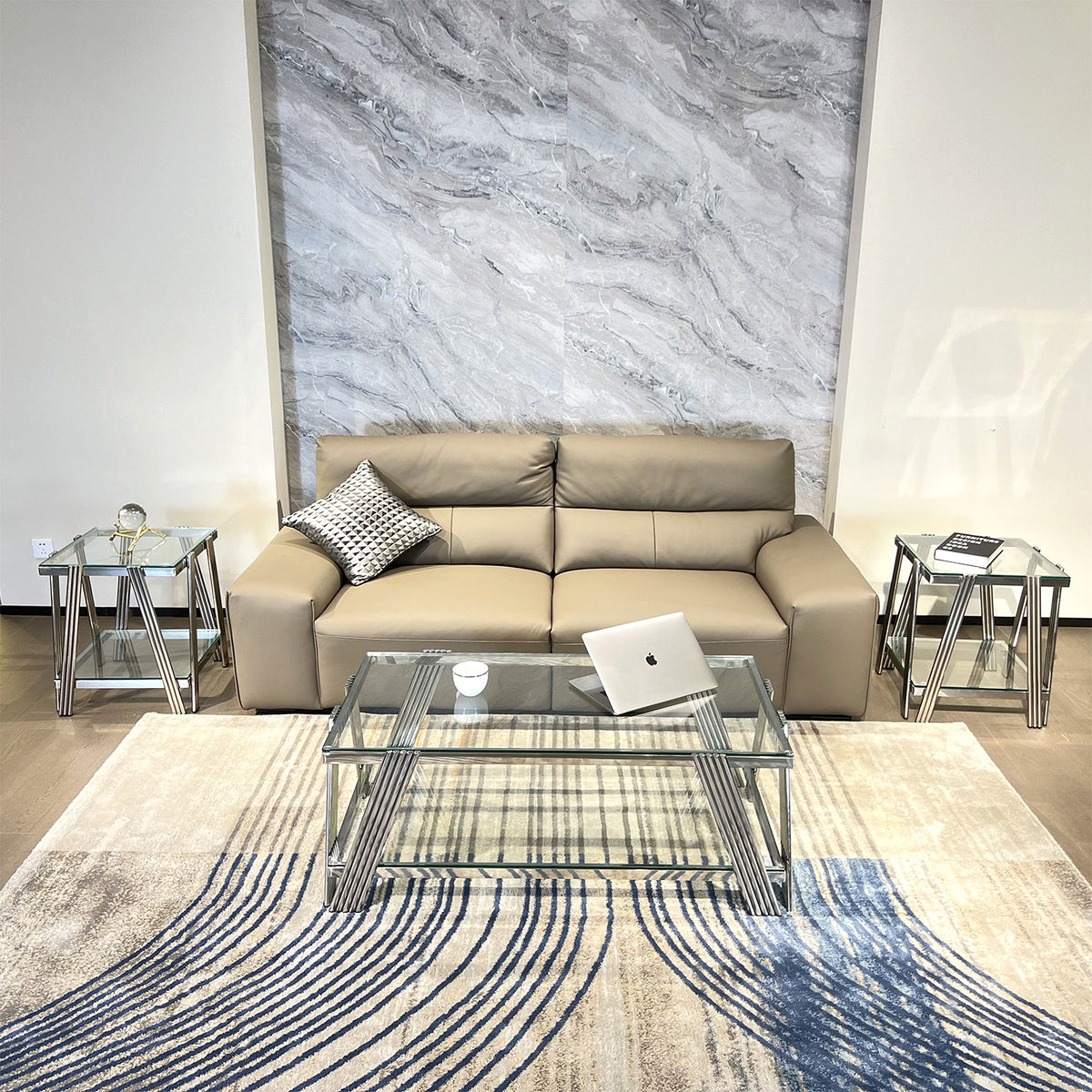 Modern Stainless Steel Coffee Table Set Set Of 3 , Double Layer Clear Tempered Glass Table Top, Coffee Table & Two End Side Table 3 Pieces Sets For Living Room Home Office, Silver Clear,Silver