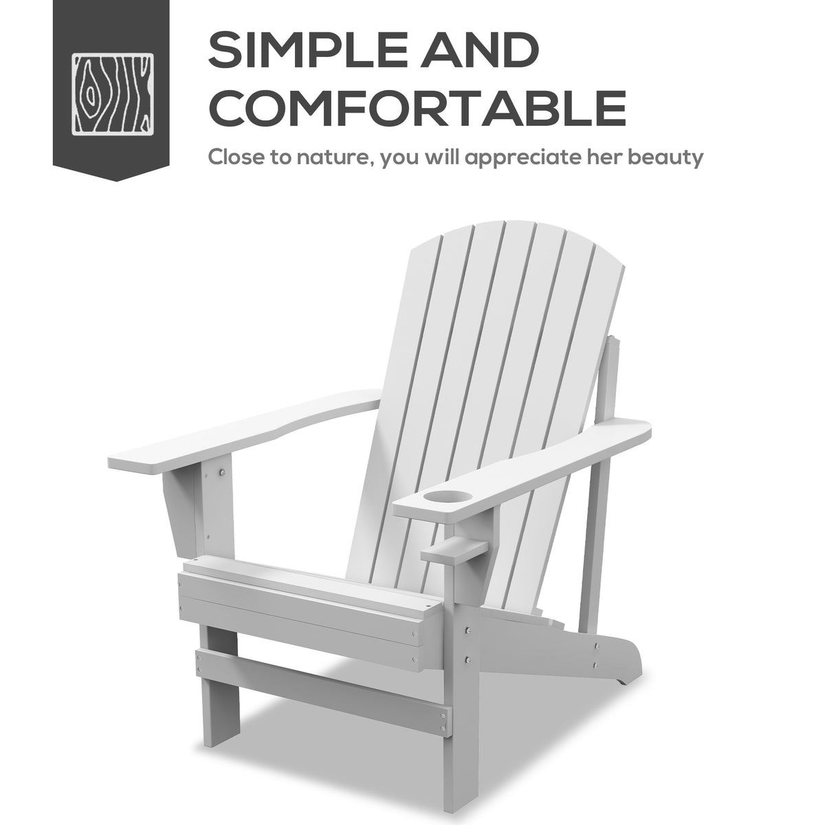 Outsunny Wooden Adirondack Chair, Outdoor Patio Lawn Chair With Cup Holder, Weather Resistant Lawn Furniture, Classic Lounge For Deck, Garden, Backyard, Fire Pit, White White Wood