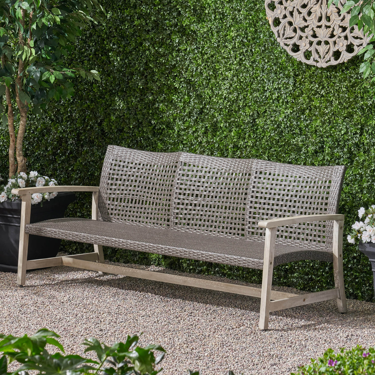 Hampton Wood Wicker 3 Seater Grey Metal & Wood